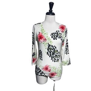 Elizabeth New York 3/4 Sleeve Fitted Floral Beaded Sweater Small petite
